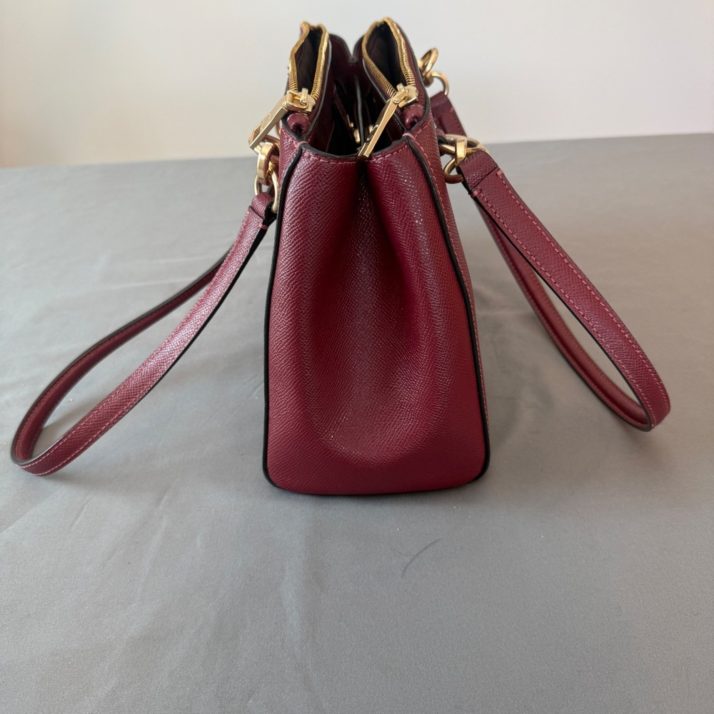 Coach Burgundy ETTA Carryall Crossgrain Leather Triple Zip Gold Hardware Handbag - Picture 8 of 12